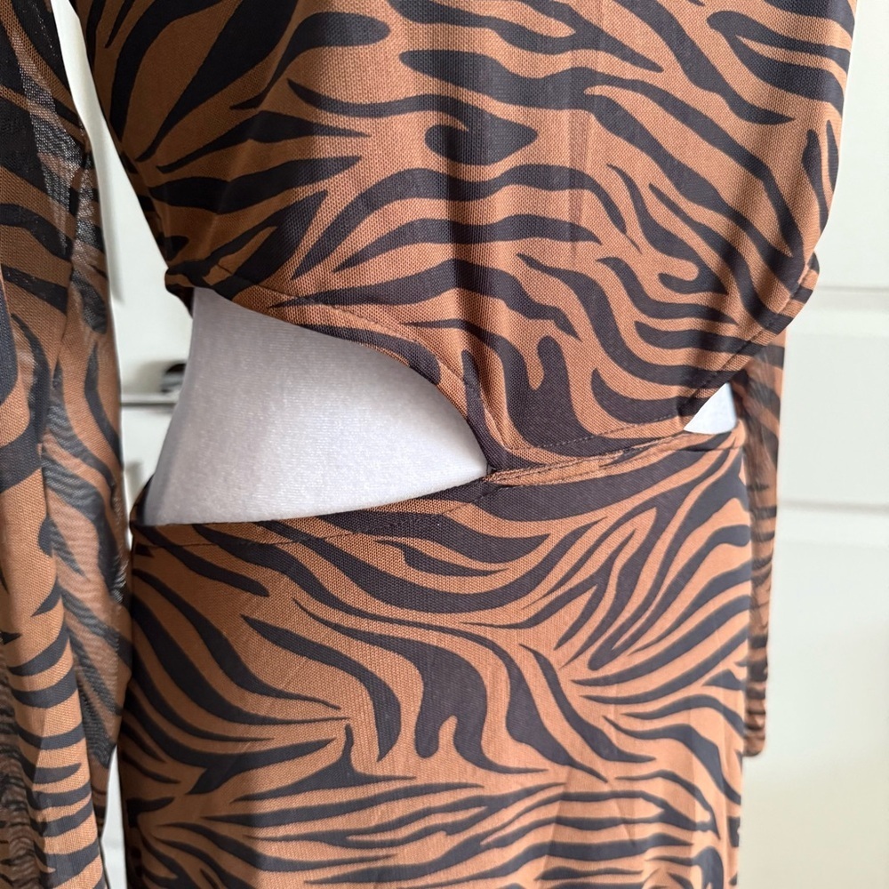 Anna Brown and Black Zebra Print Mesh Midi Cut-out Dress Size M - Picture 3 of 9